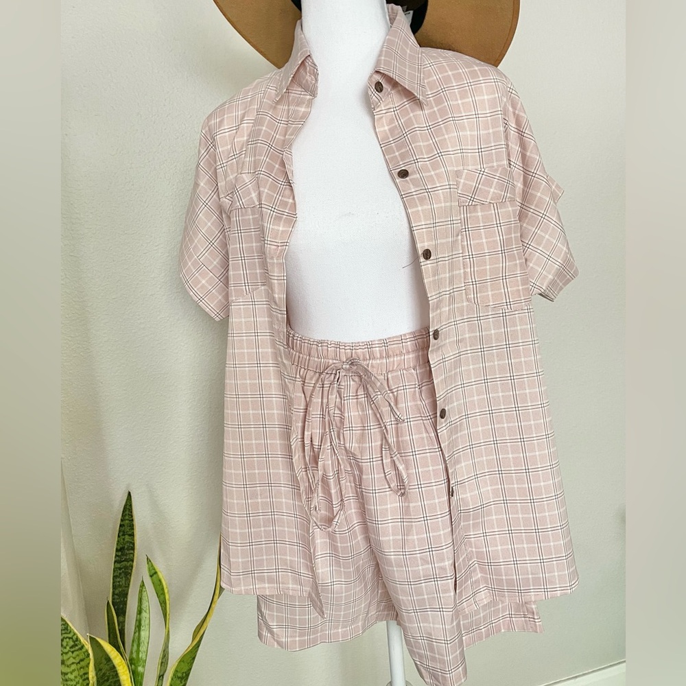 Casual Summer / Spring - Travel Pink Plaid Shirt and Shorts Set - Picture 6 of 11